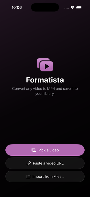 Formatista home screen in dark mode.